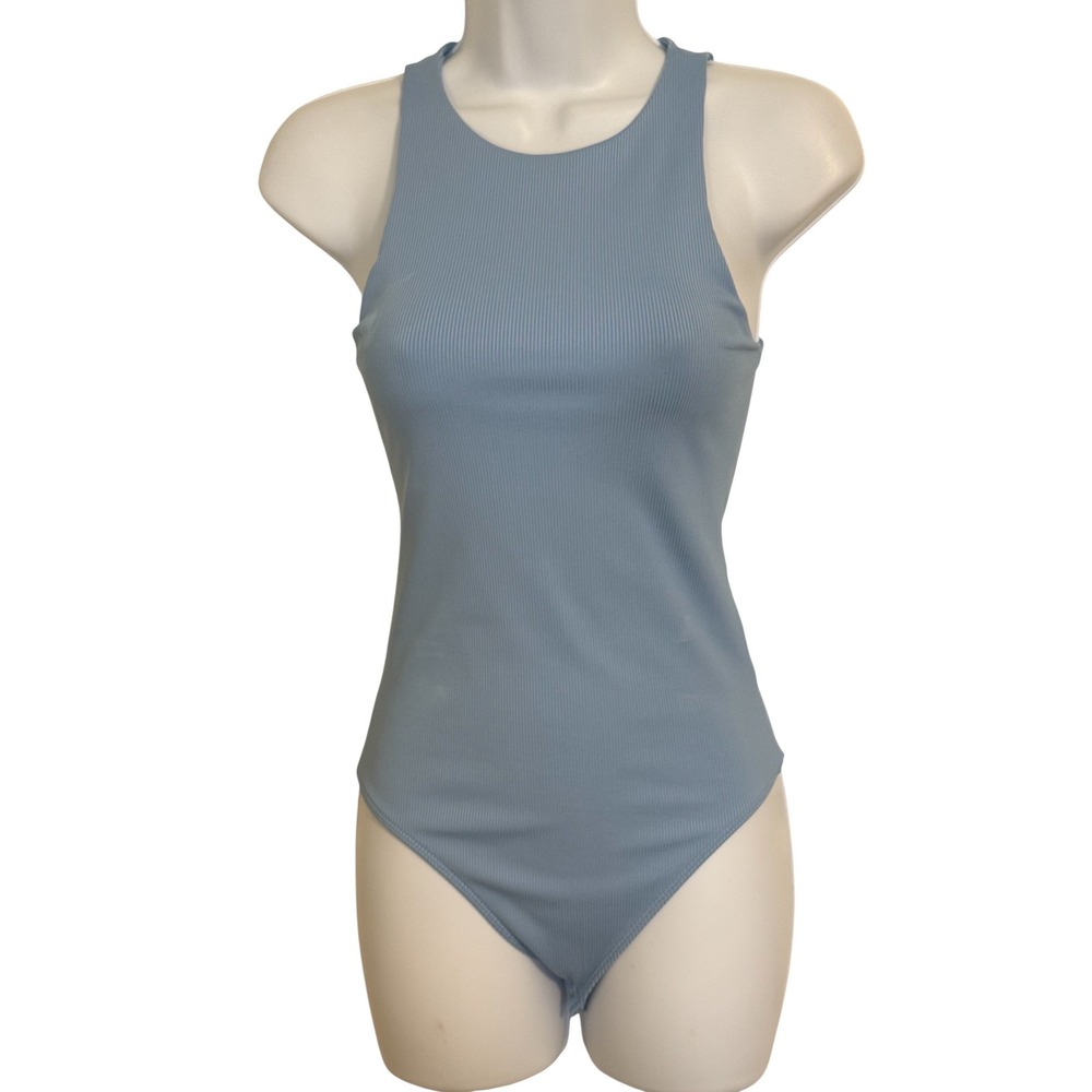 EXPRESS Body Contour Ribbed High Neck Baby Blue Bodysuit NWOT Size XS - Picture 2 of 5